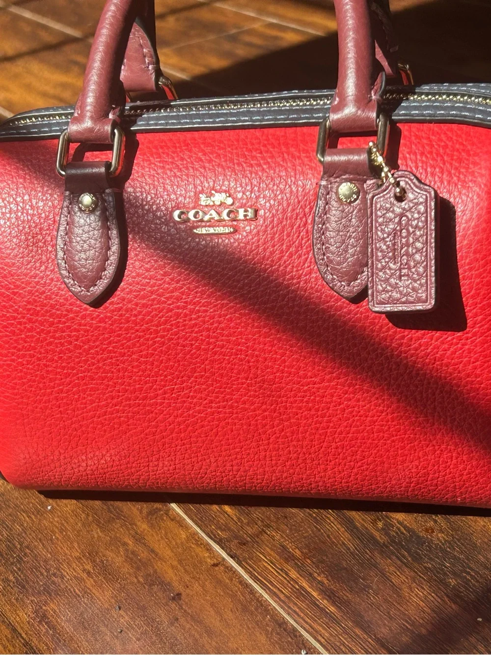 Coach ROWAN Red and Blue Pebbled Leather Mini Satchel with Gold Hardware - Picture 9 of 9
